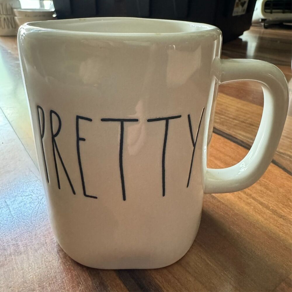 Rae Dunn PRETTY Ceramic LL 16oz  Mug Cup Coffee Tea Glossy White Black Letters